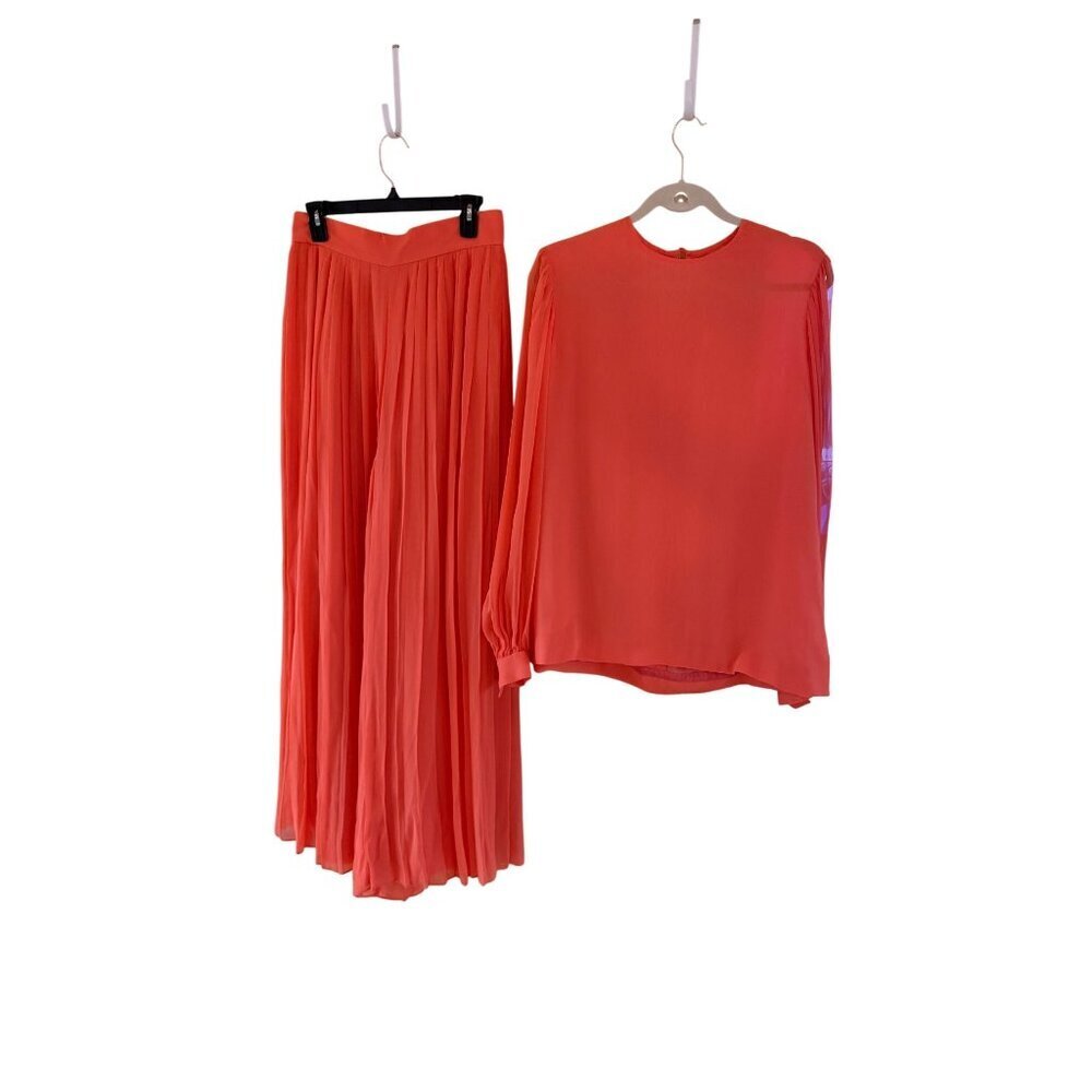 David Hayes Womens Size 12 Orange Silk Pleated Pant & Round Neck Top Set Vintage
